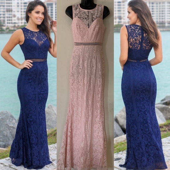 Maniju Pink Lace Bodice Trumpet Mermaid Style Maxi Dress - Picture 1 of 8